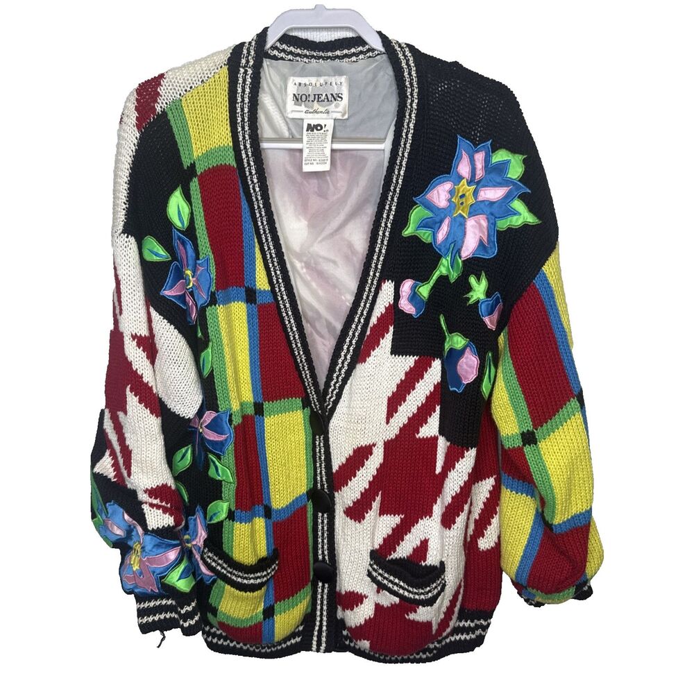 Vtg 90s Absolutely NO JEANS Cardigan Sweater Womens One Size Floral Patchwork